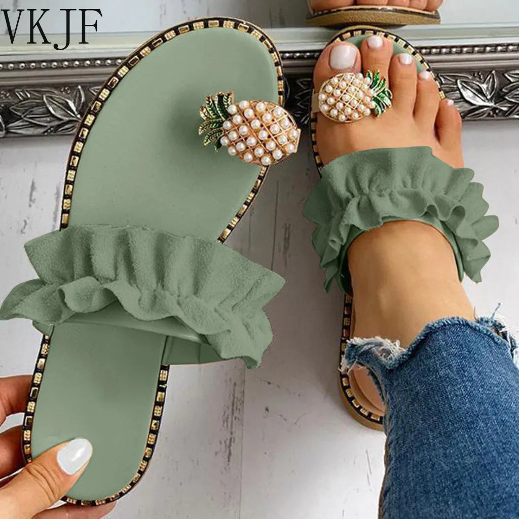 Sandales Tongs Femme Été 2026 - Entre-doigts Ananas en Perles & Bride à Volants