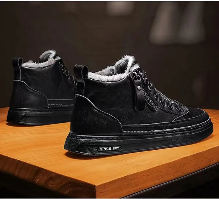 Leather High-Top Sneakers with Fur Lining and Zipper