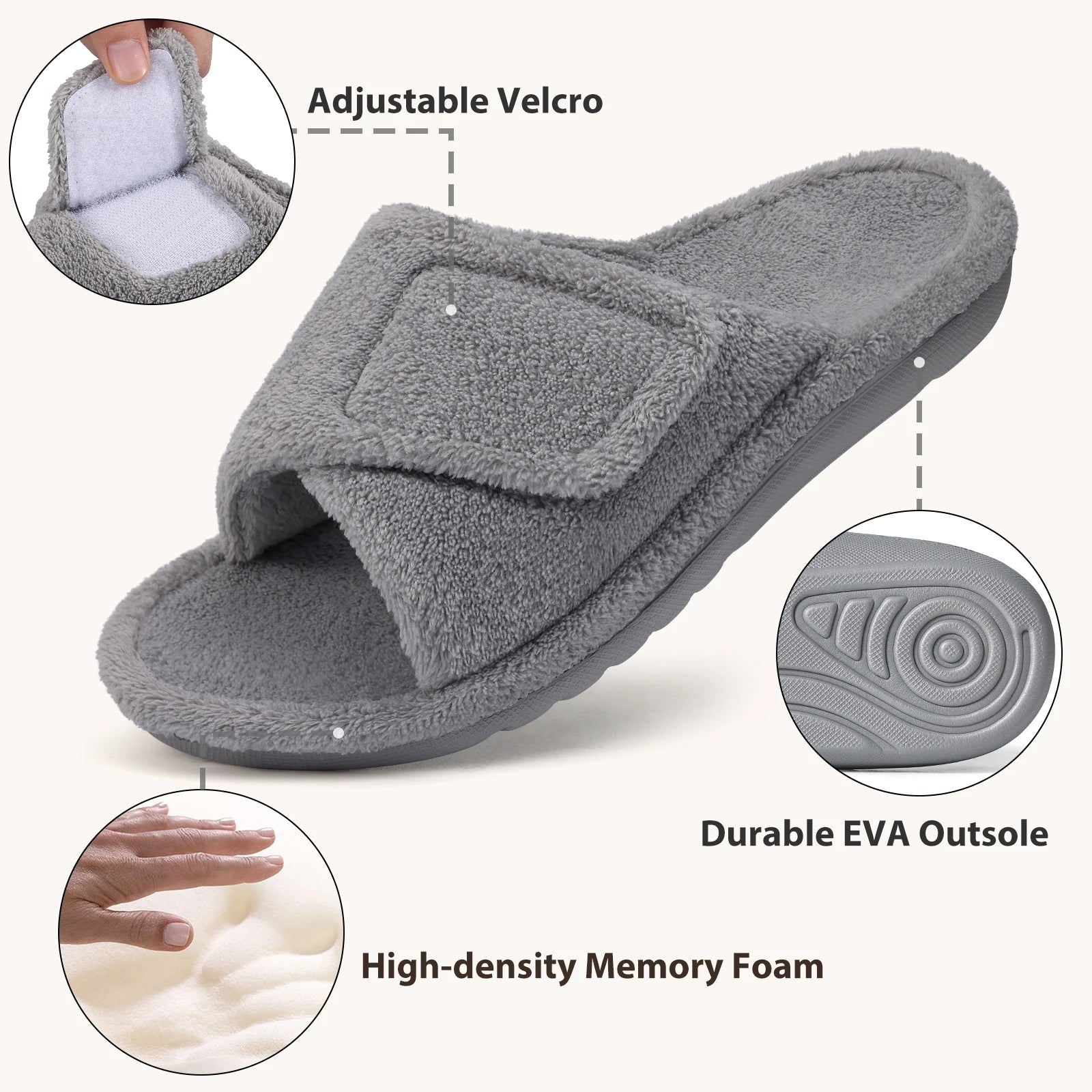 Open-Toe Indoor Slippers with Hook-and-Loop Fastener & Non-Slip Sole
