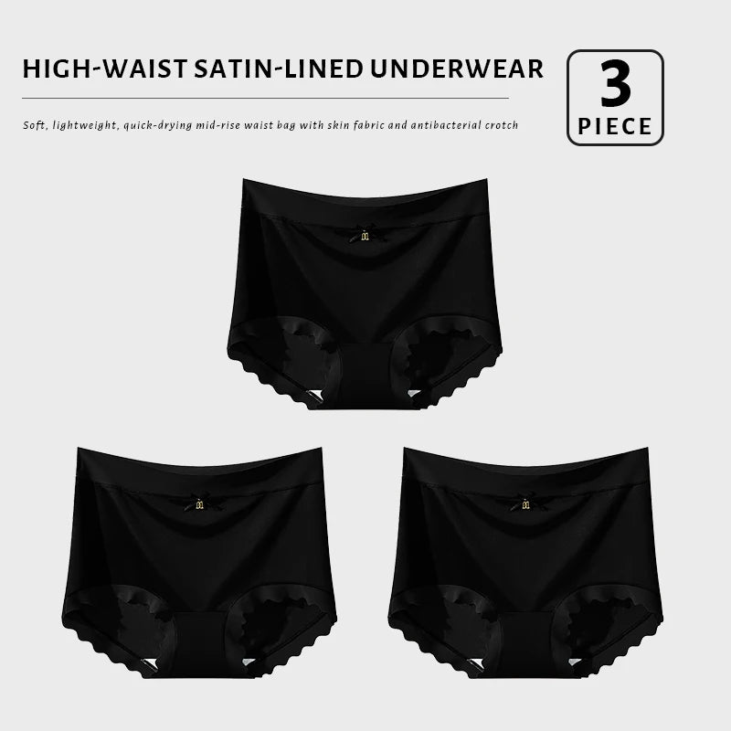Lot de 3 Culottes en Soie Glacée Taille Haute - Bords Côtelés & Noeud