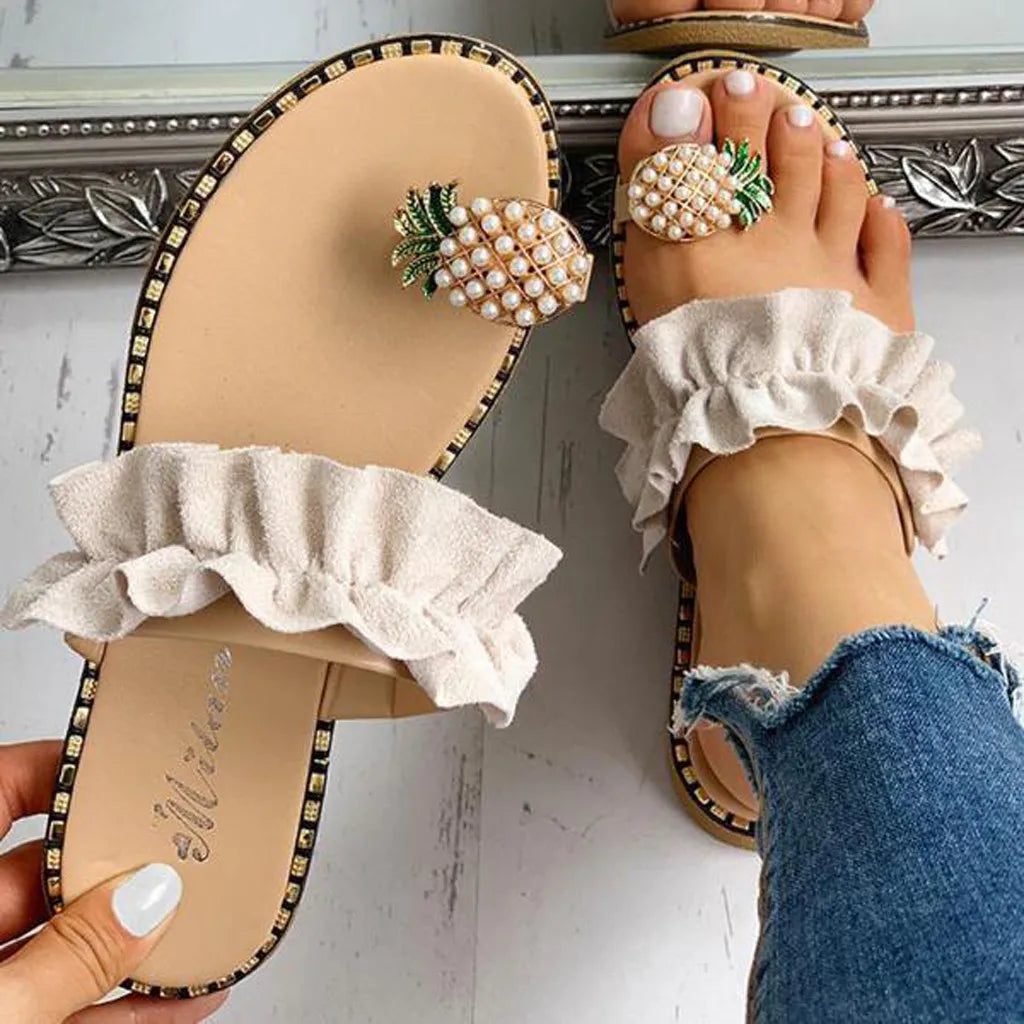 Women's Summer 2026 Flip-Flops - Beaded Pineapple Toe Post & Ruffled Strap
