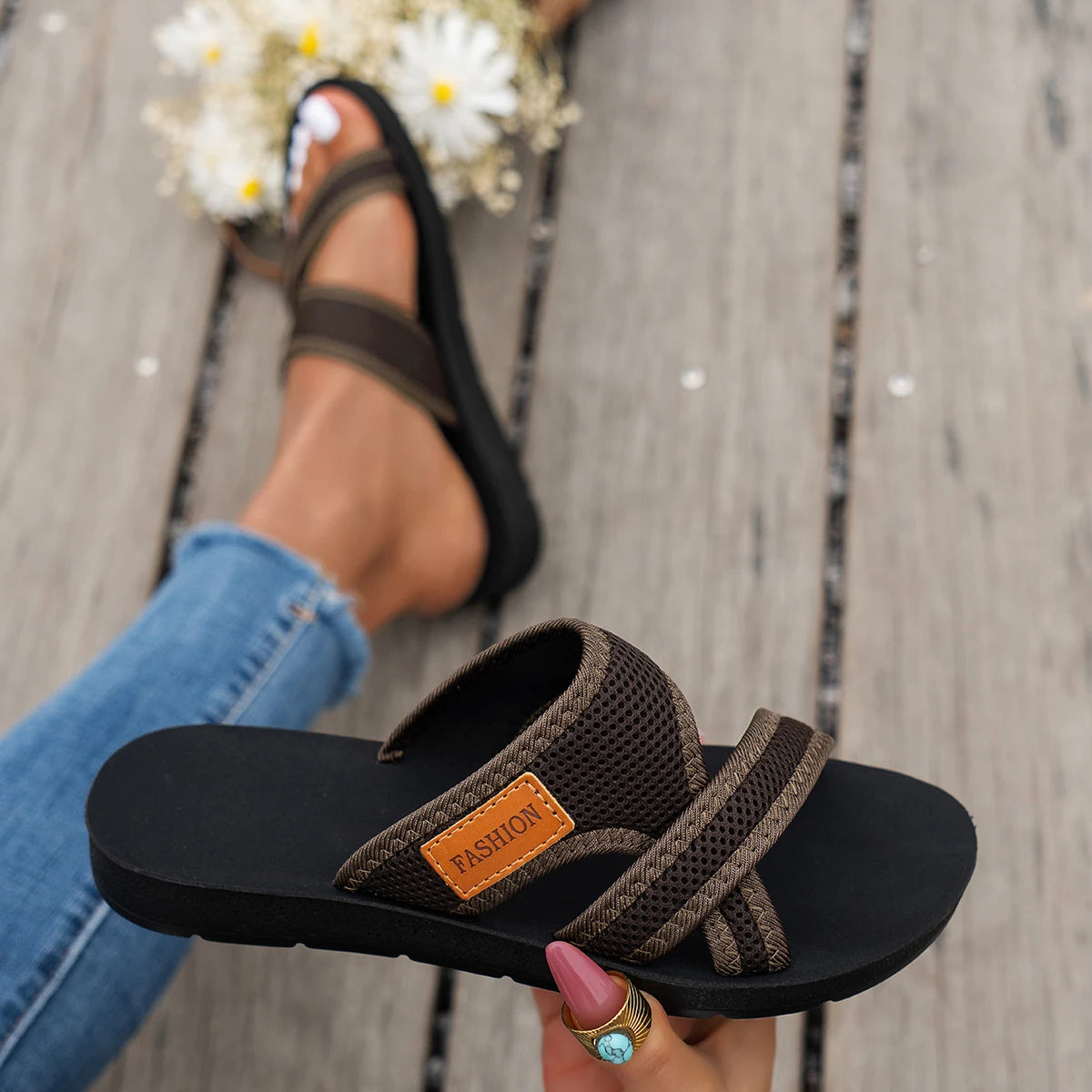 Women's Breathable Mesh Criss-Cross Strap Sandals — Flat, Comfortable