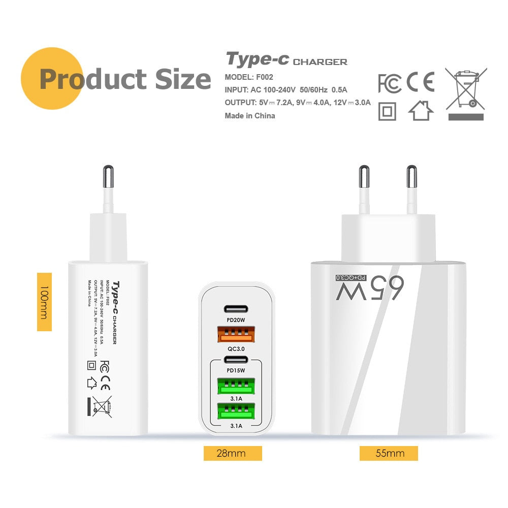 65W 5-in-1 Fast Charger - 3 USB + 2 USB-C