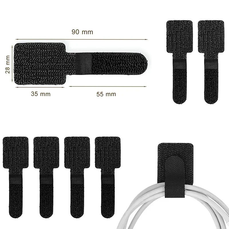 100x Self-adhesive Cable Tie - Reusable Hook and Loop