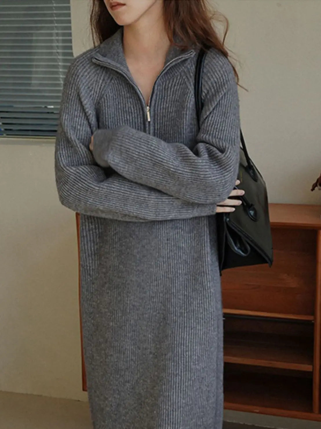 Loose Ribbed Knitted Jumper Dress with Zip Funnel Neck