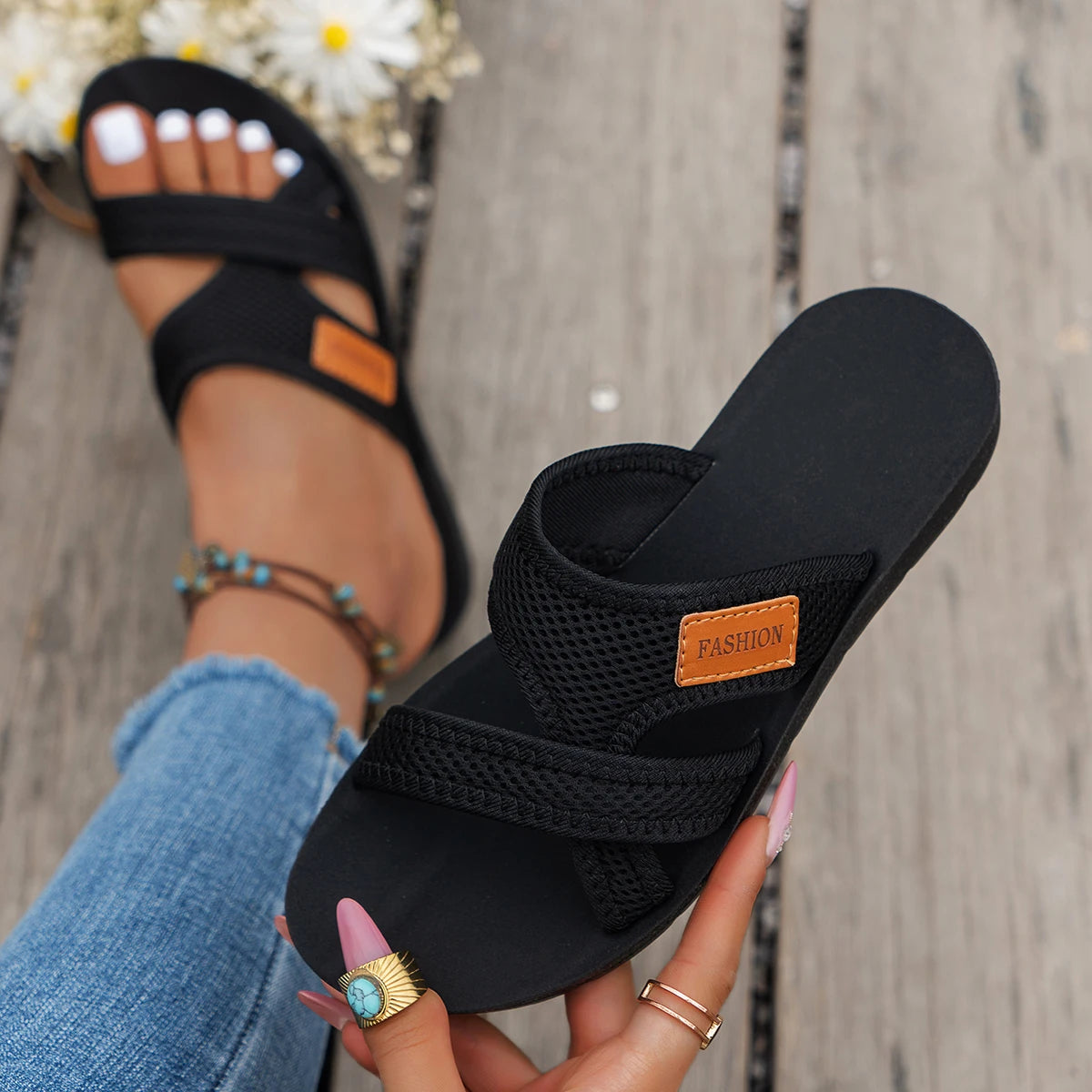 Women's Breathable Mesh Criss-Cross Strap Sandals — Flat, Comfortable