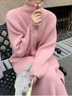 Loose Ribbed Knitted Jumper Dress with Zip Funnel Neck