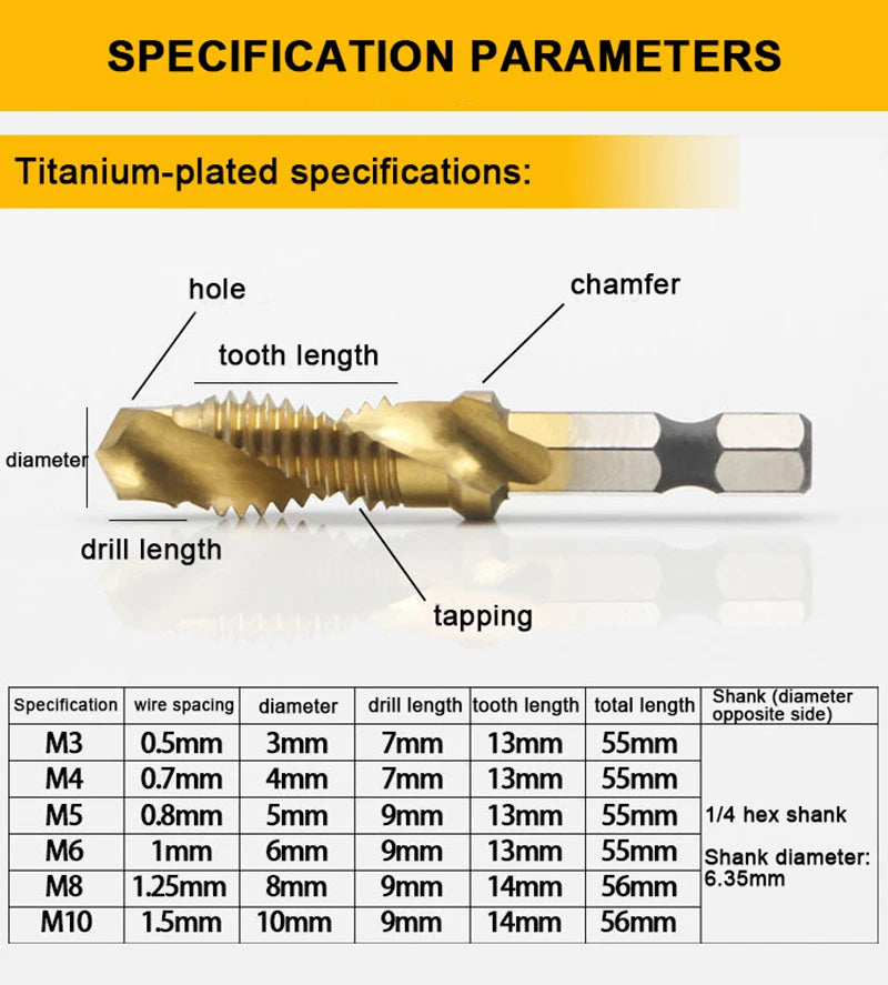 Titanium-plated Hex Shank Tap Drill Bit Set