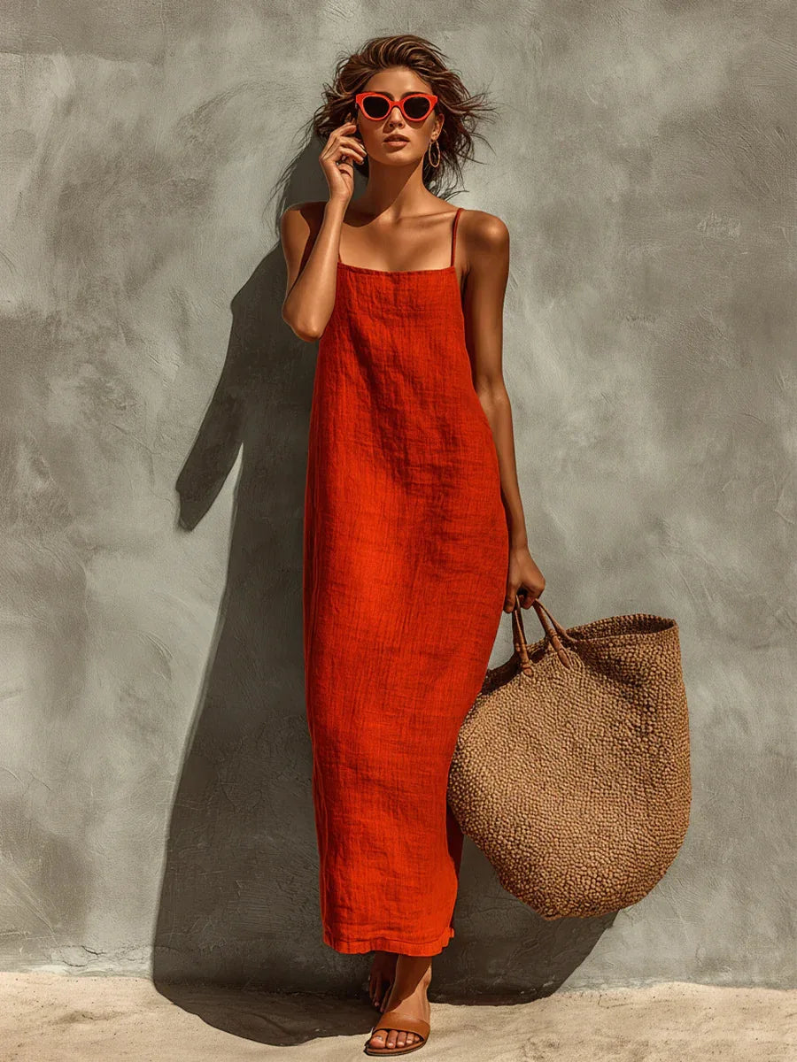Women's Long Cotton and Linen Dress – Thin Straps, Straight Cut, and Bohemian Style for Summer