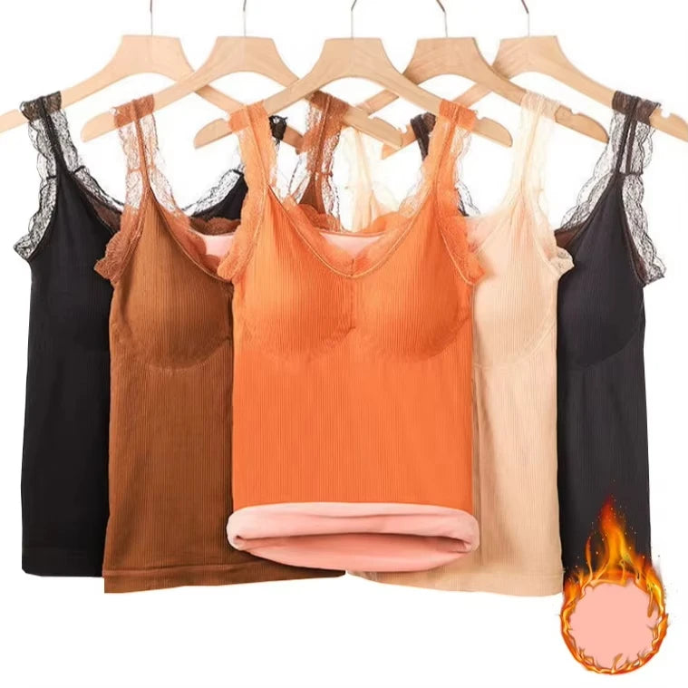 Débardeur Thermique Femme Doublé Polaire à Dentelle – Sous-Vêtement Chaud & Doux d’Hiver