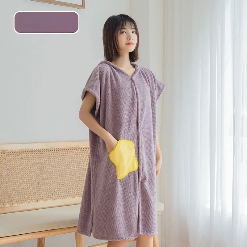 Women's Hooded Bathrobe with Front Pocket