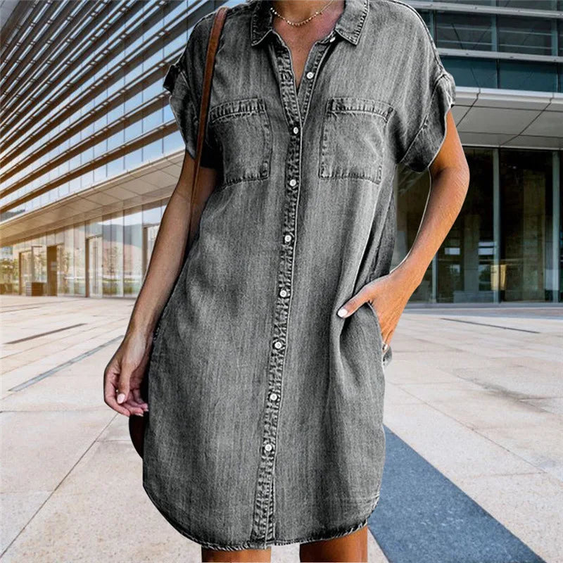 Short Sleeve Denim Tunic Dress with Pockets