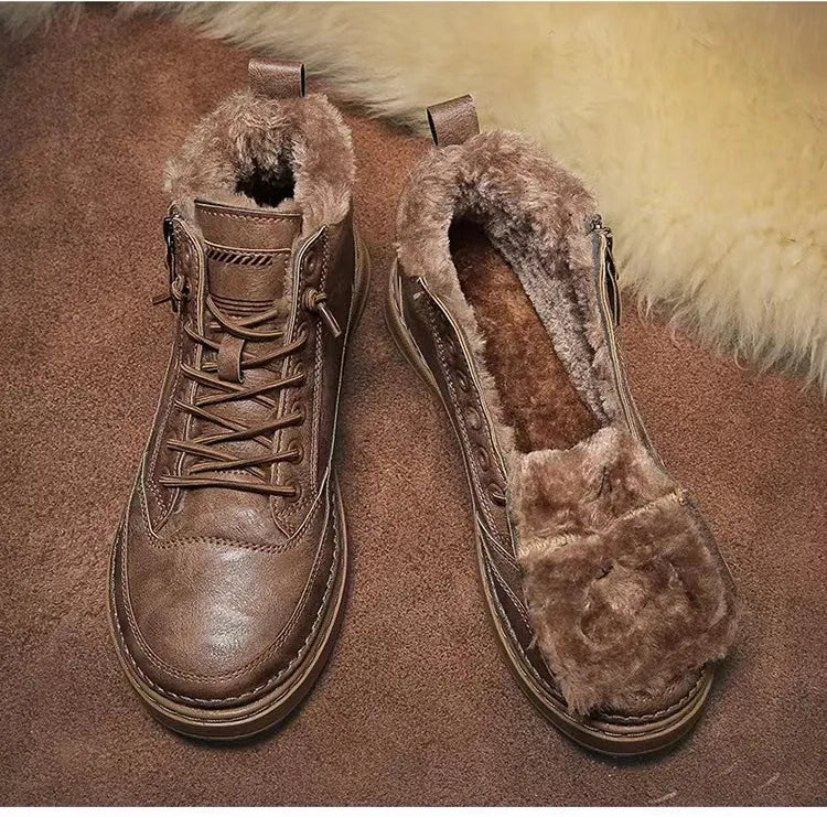 Leather High-Top Sneakers with Fur Lining and Zipper