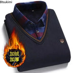 V-Neck Sweater with Patterned Shirt - Men