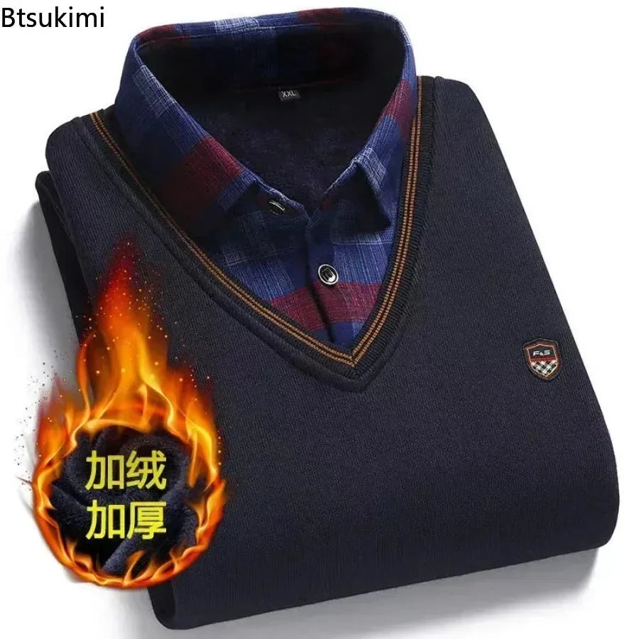 V-Neck Sweater with Patterned Shirt - Men