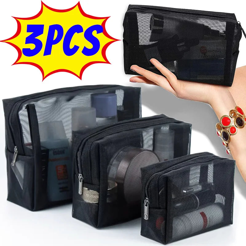 Ensemble de 3 Sacs à cosmétiques transparents en maille