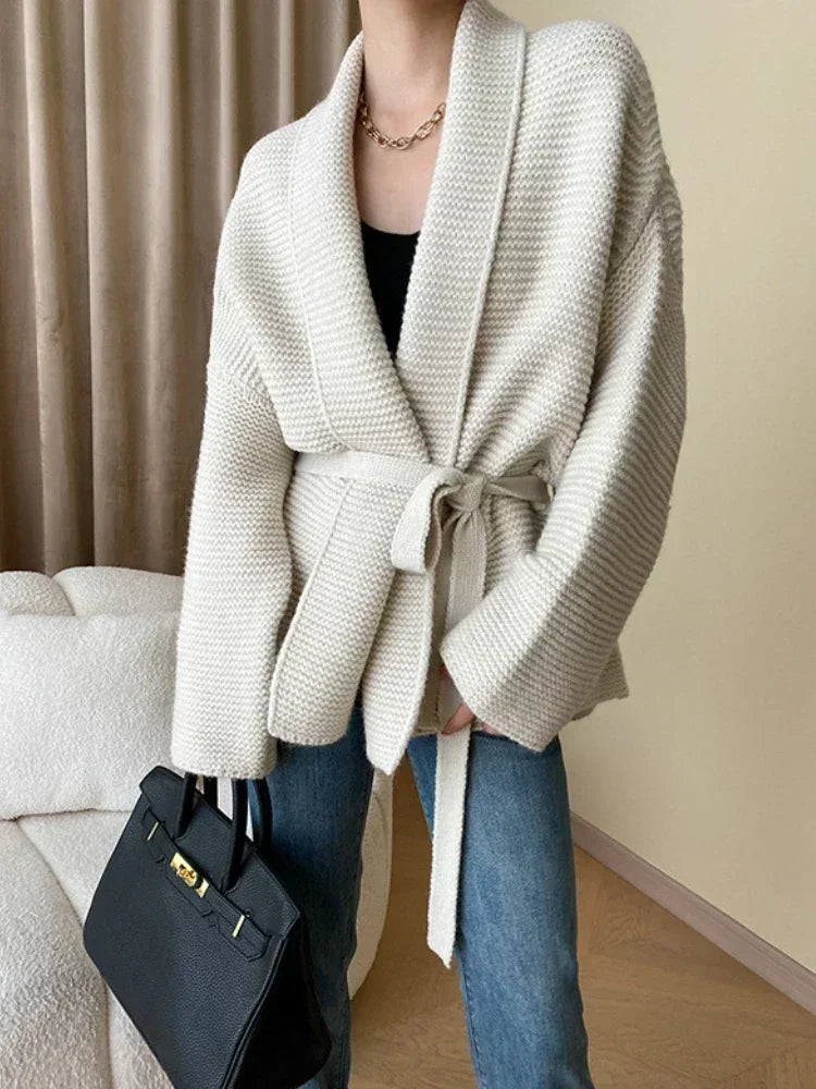 Knit cardigan with tie belt