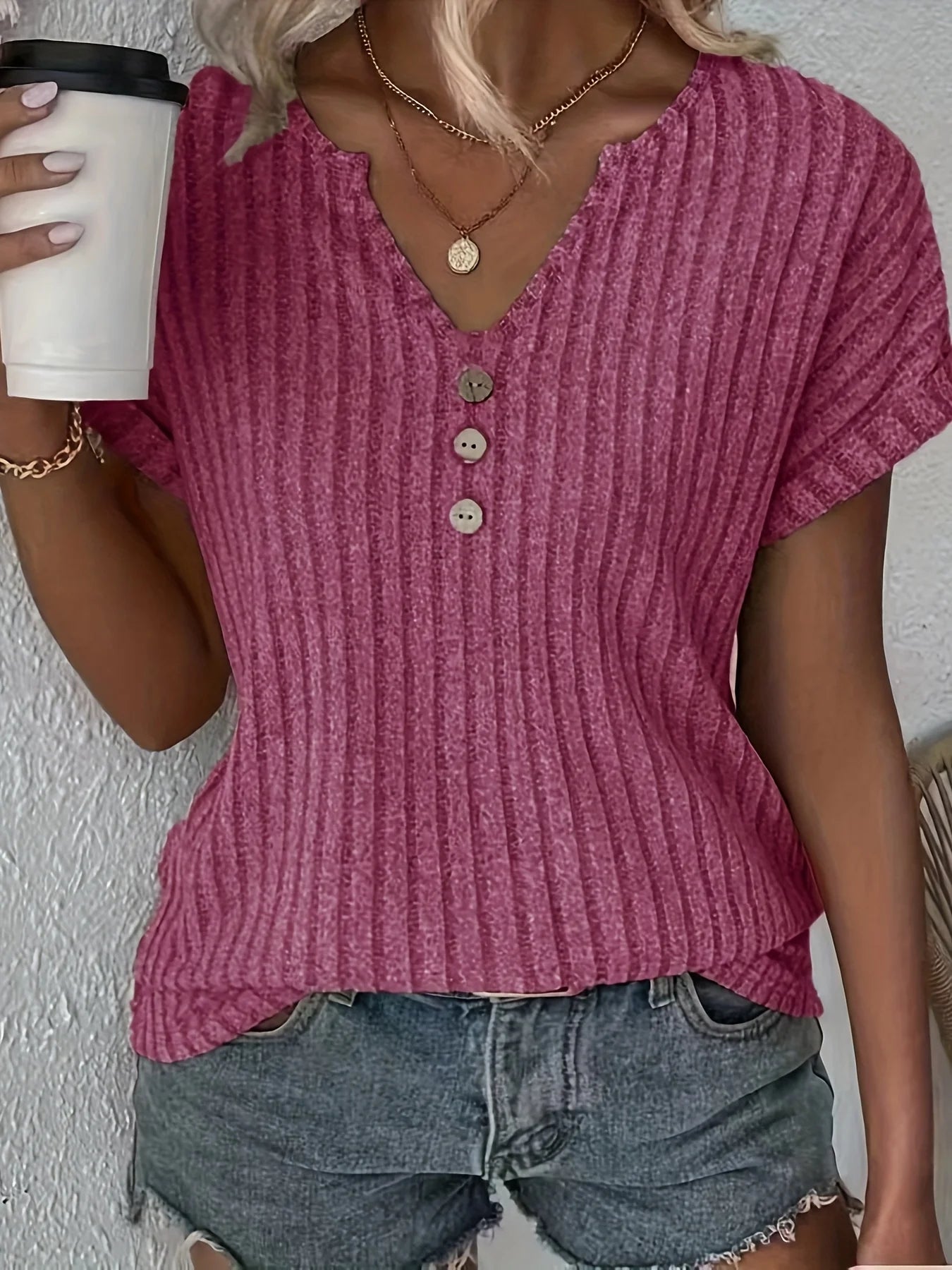 Women's Elegant Ribbed V-Neck Button-Up Top