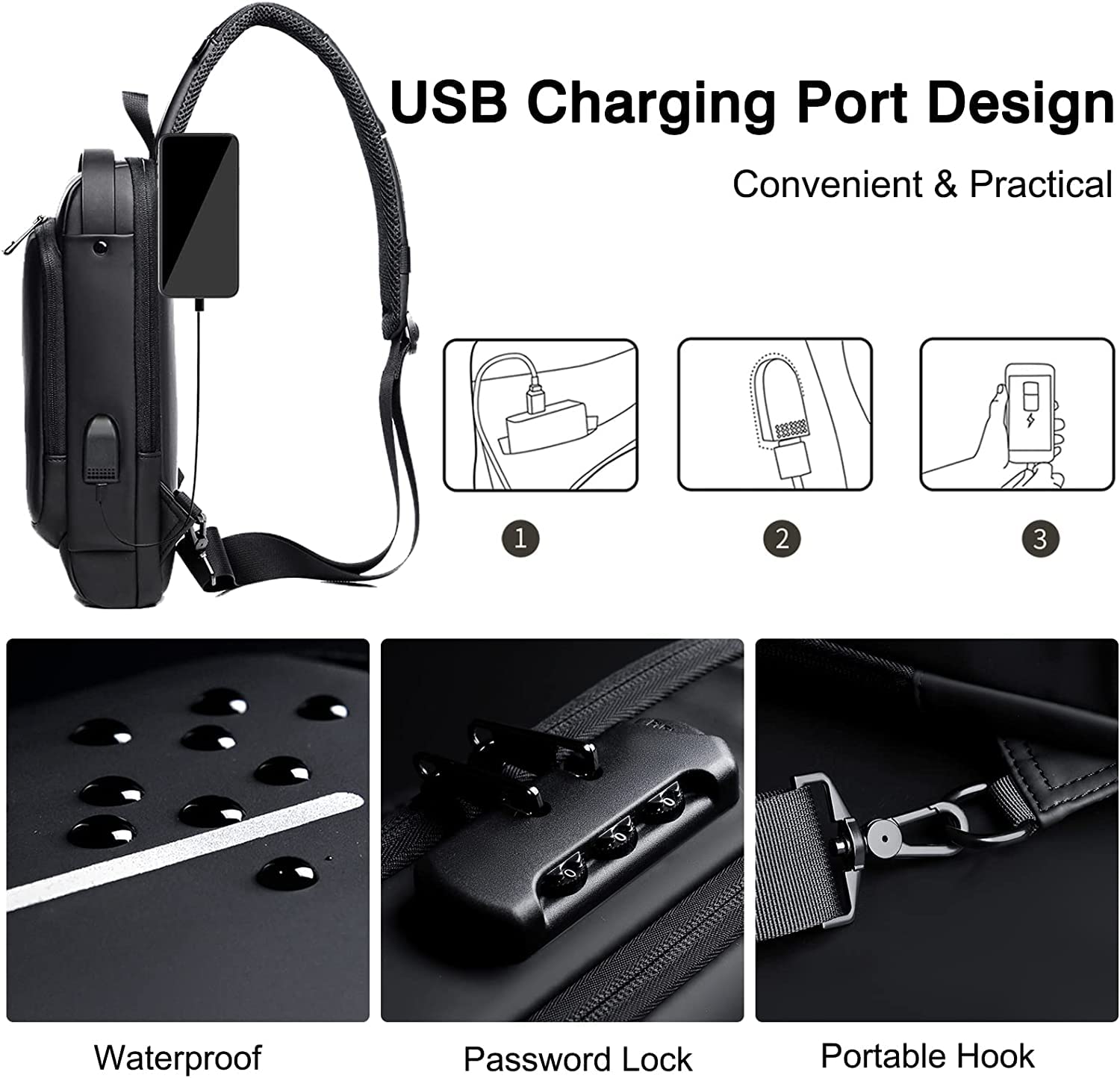 Sac à bandoulière antivol avec port de chargement USB