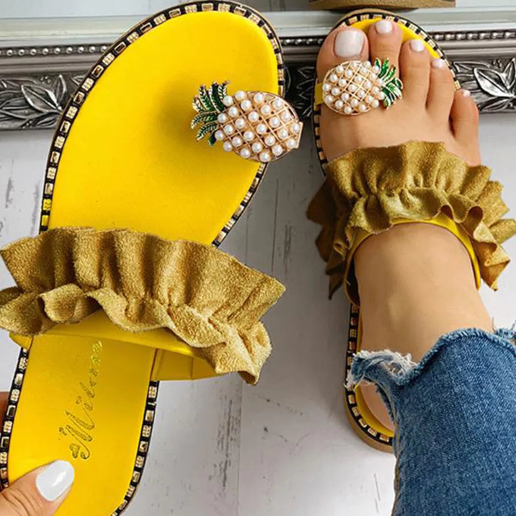 Women's Summer 2026 Flip-Flops - Beaded Pineapple Toe Post & Ruffled Strap