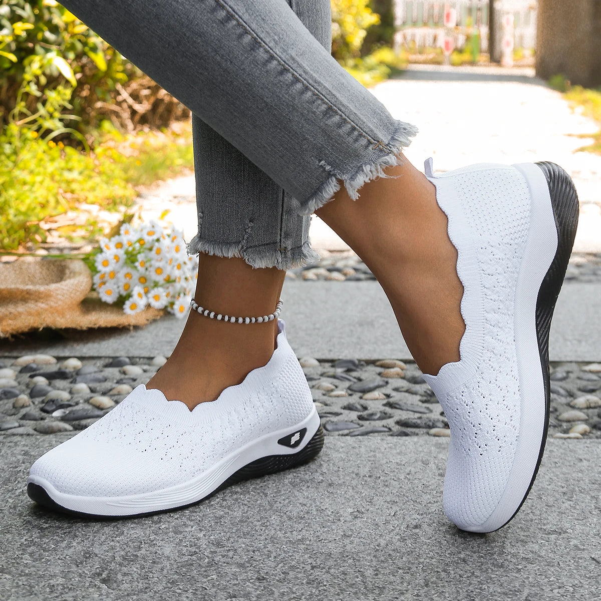 Chaussures Slip-On de Marche Femme en Maille Respirante – À Enfiler, Souples & Confortables – Semelle Compensée Antidérapante