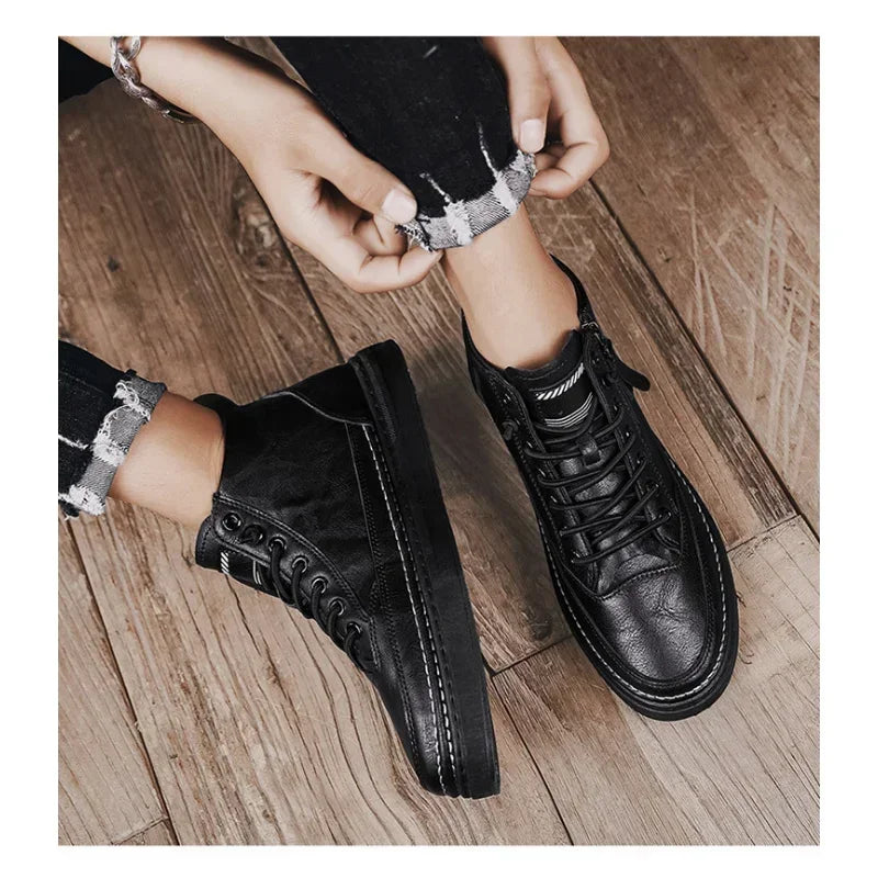 Leather High-Top Sneakers with Fur Lining and Zipper
