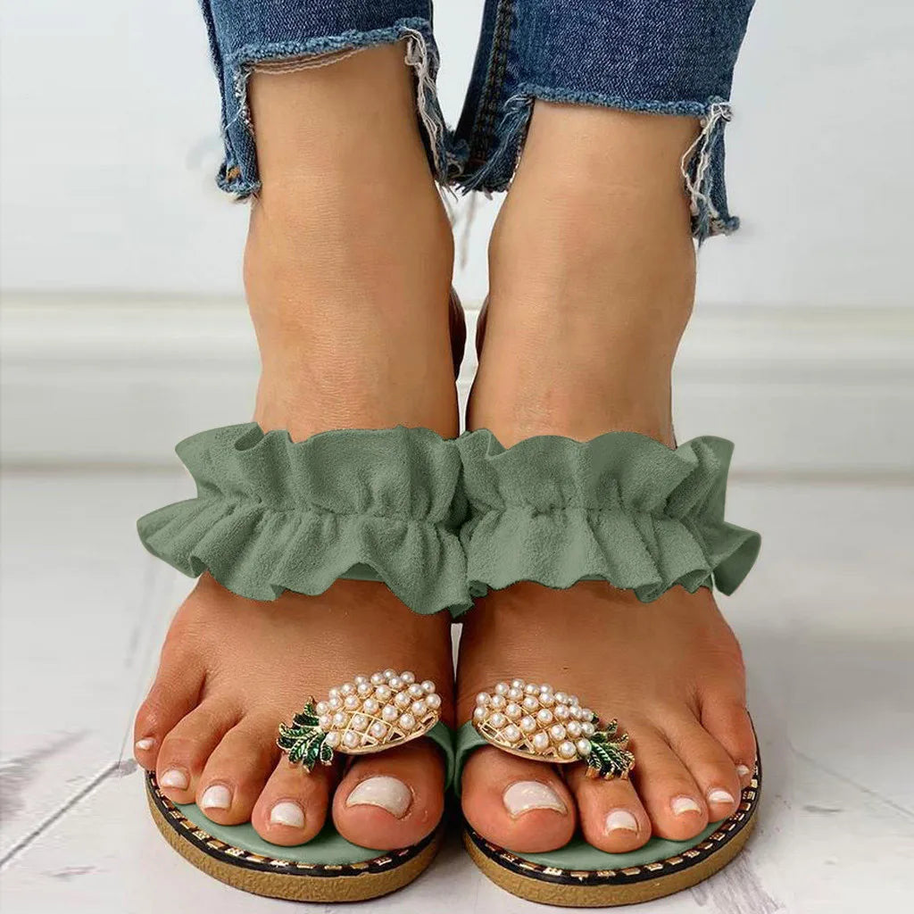 Sandales Tongs Femme Été 2026 - Entre-doigts Ananas en Perles & Bride à Volants