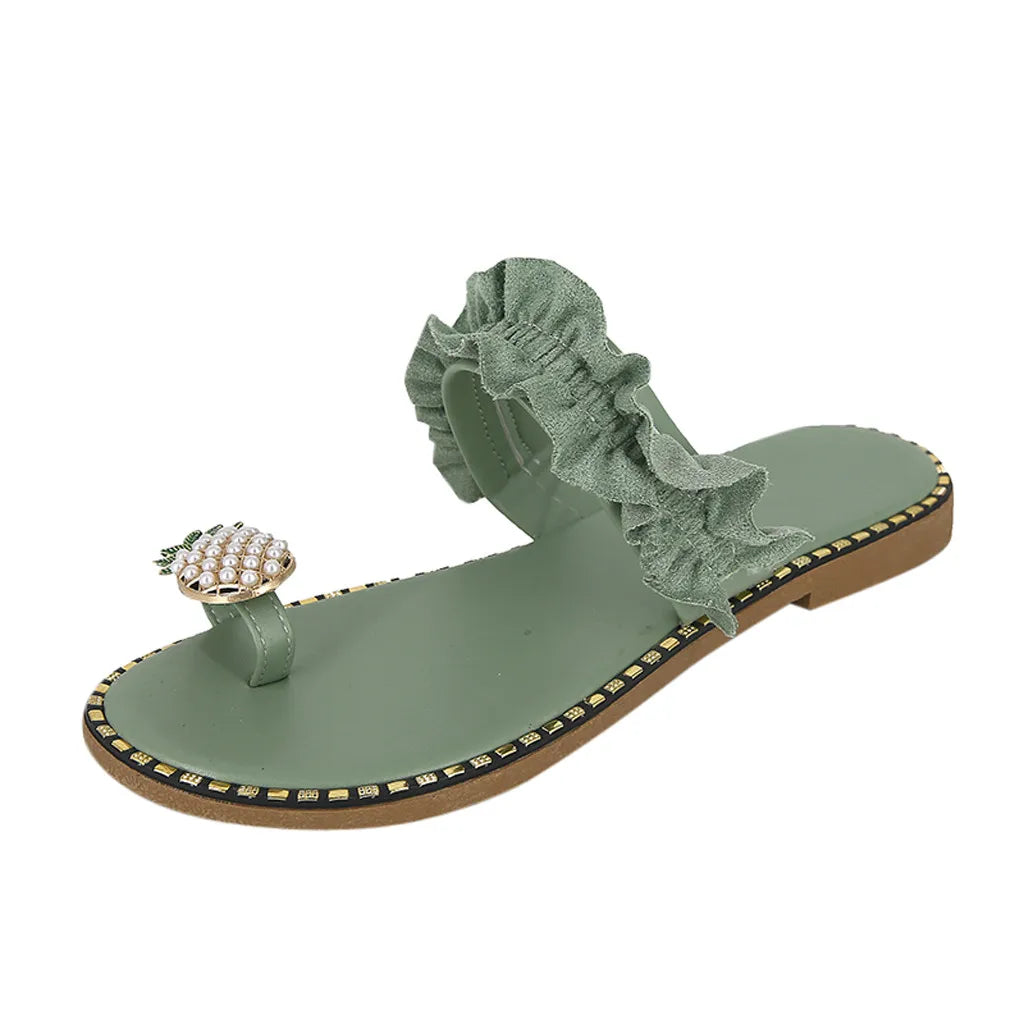 Sandales Tongs Femme Été 2026 - Entre-doigts Ananas en Perles & Bride à Volants