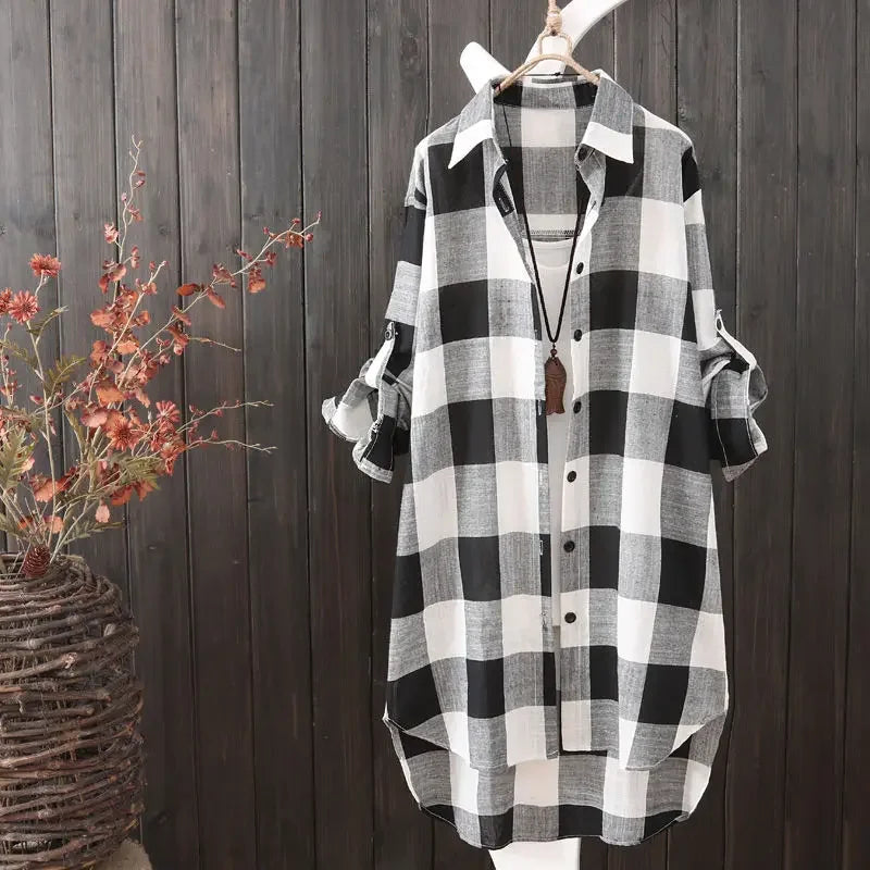 Women's Mid-Season Long Check Cotton Shirt