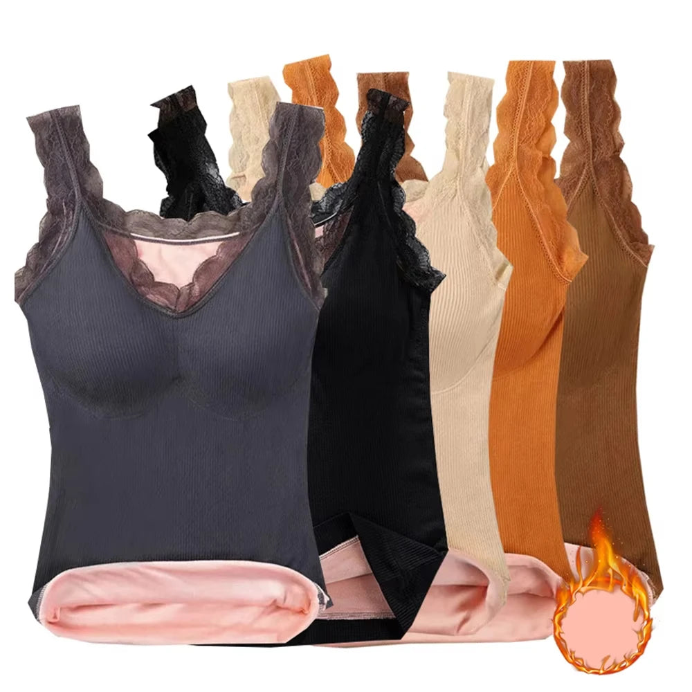 Débardeur Thermique Femme Doublé Polaire à Dentelle – Sous-Vêtement Chaud & Doux d’Hiver