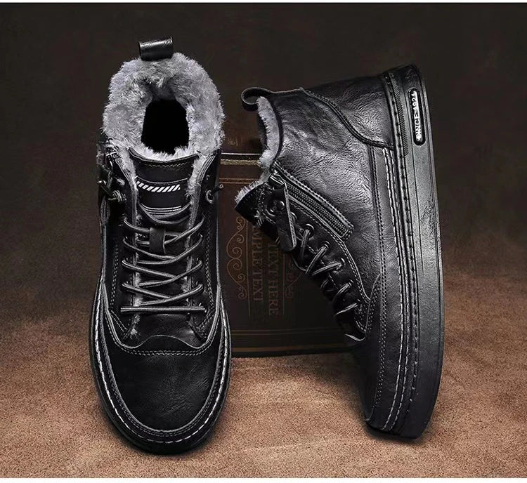 Leather High-Top Sneakers with Fur Lining and Zipper