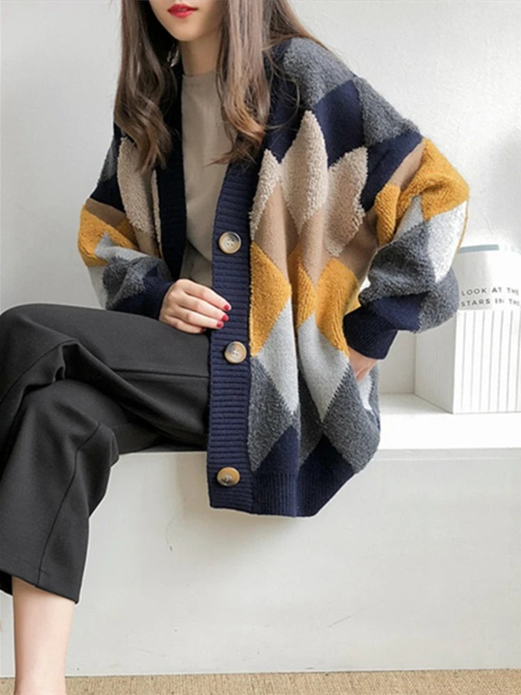 Thick oversized diamond knit cardigan