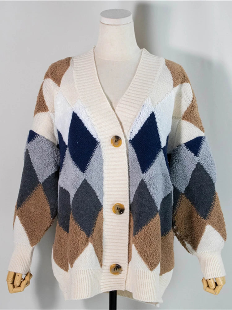 Thick oversized diamond knit cardigan