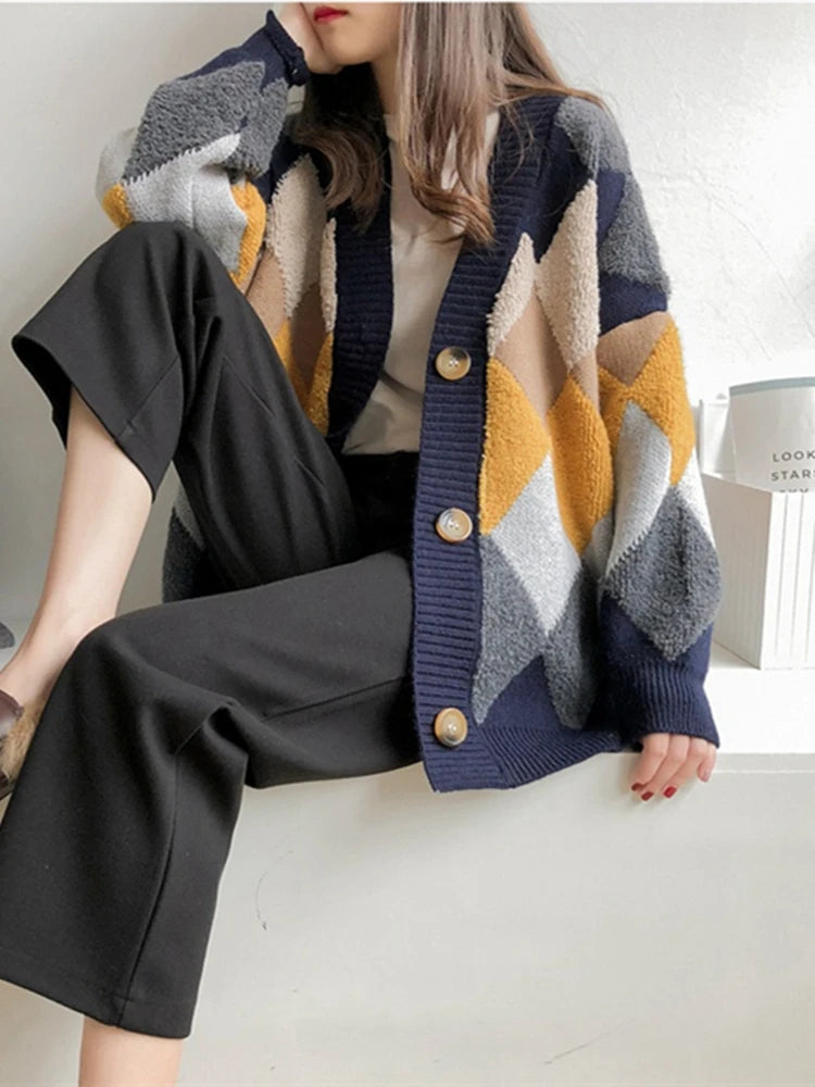 Thick oversized diamond knit cardigan