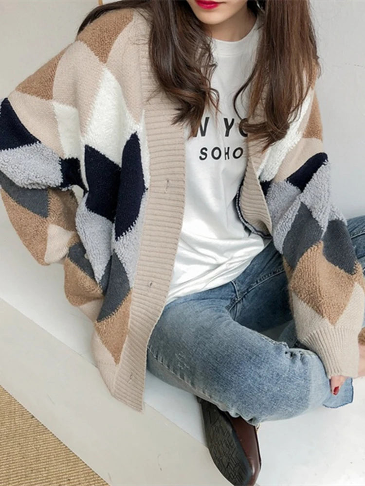 Thick oversized diamond knit cardigan