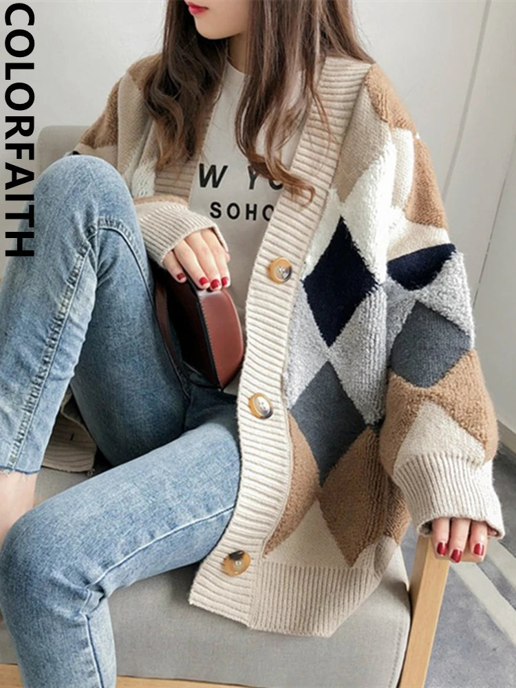 Thick oversized diamond knit cardigan