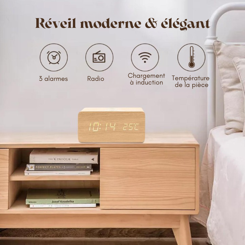 Wooden digital alarm clock with induction charger