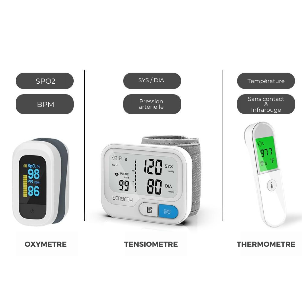 Pack sante:Oxymetre de Doigts, Tensiometre Bras, Thermometre