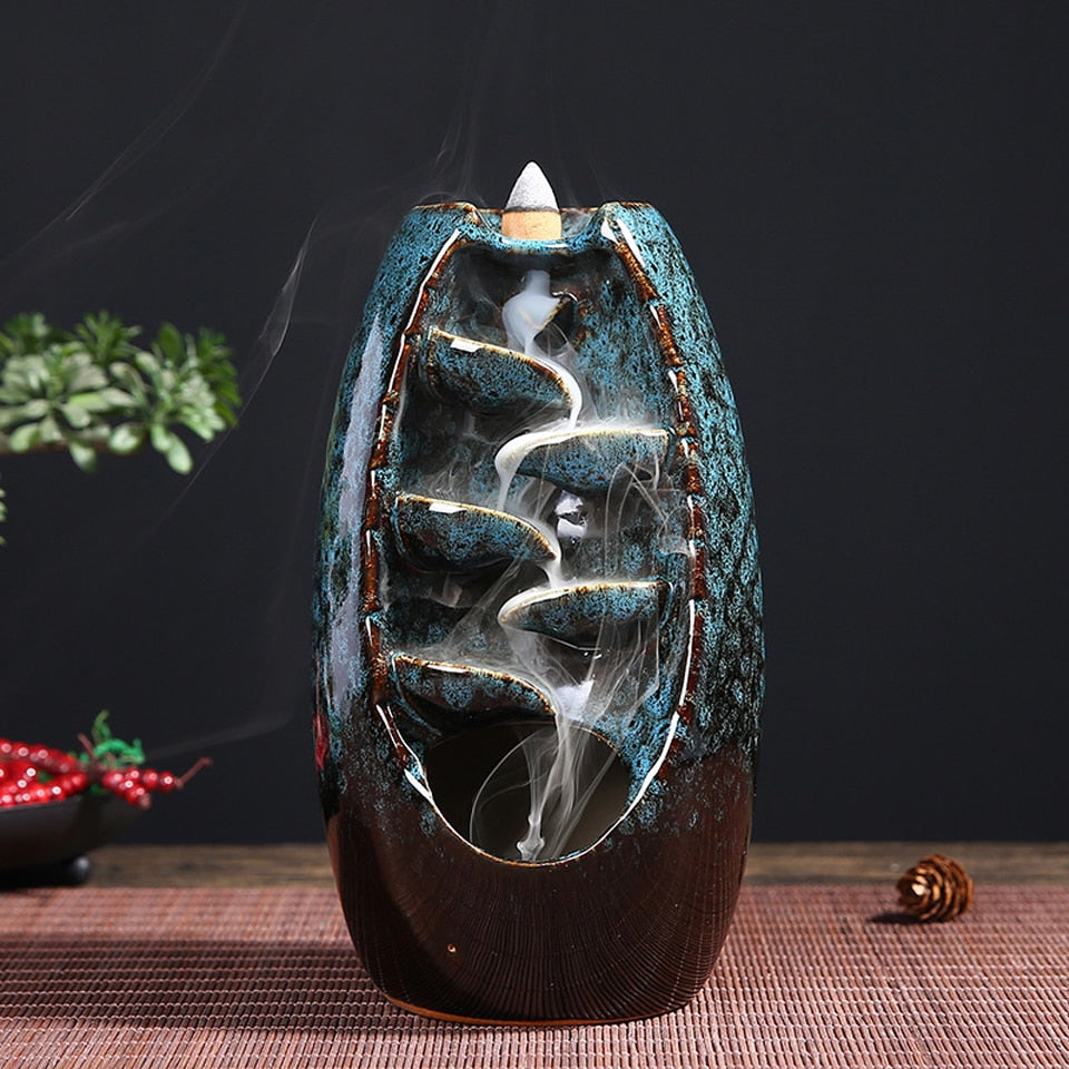 Brûleur d'encens cascade en céramique Bleu
