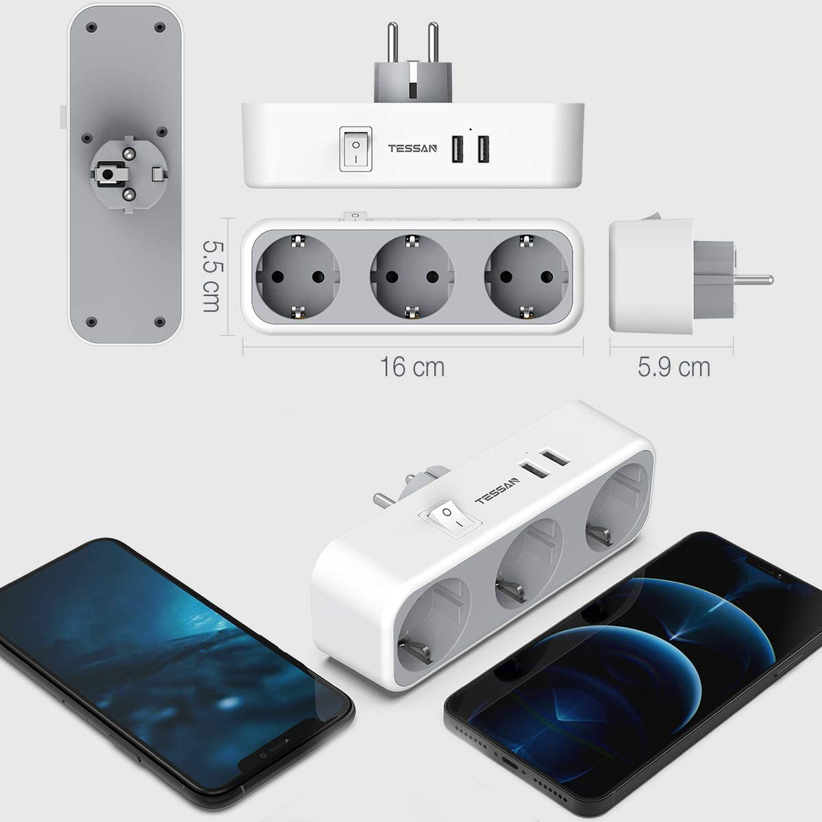 Multiprises USB avec 3 prises et 2 ports USB