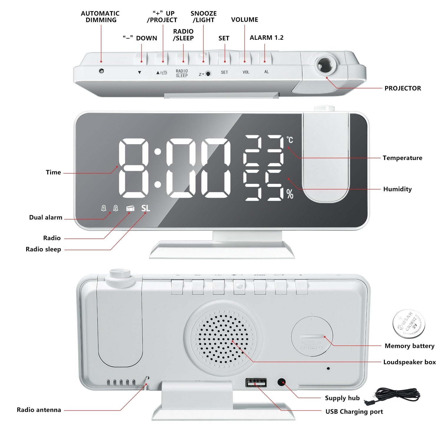 Radio réveil projection numérique