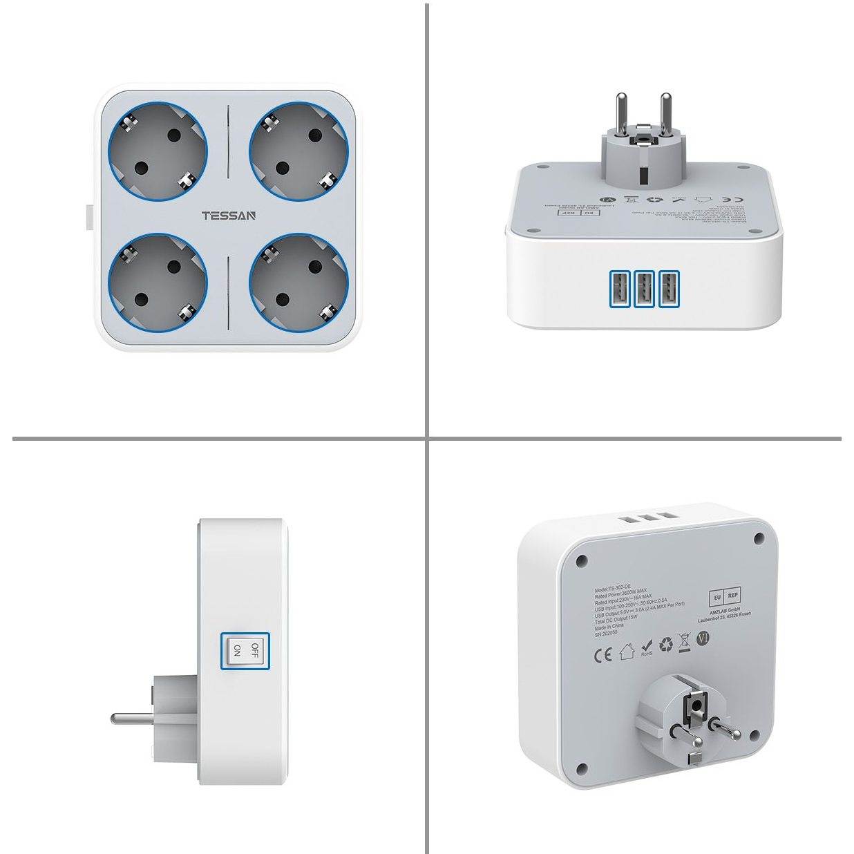 Multiprise avec 4 prises et 3 ports USB