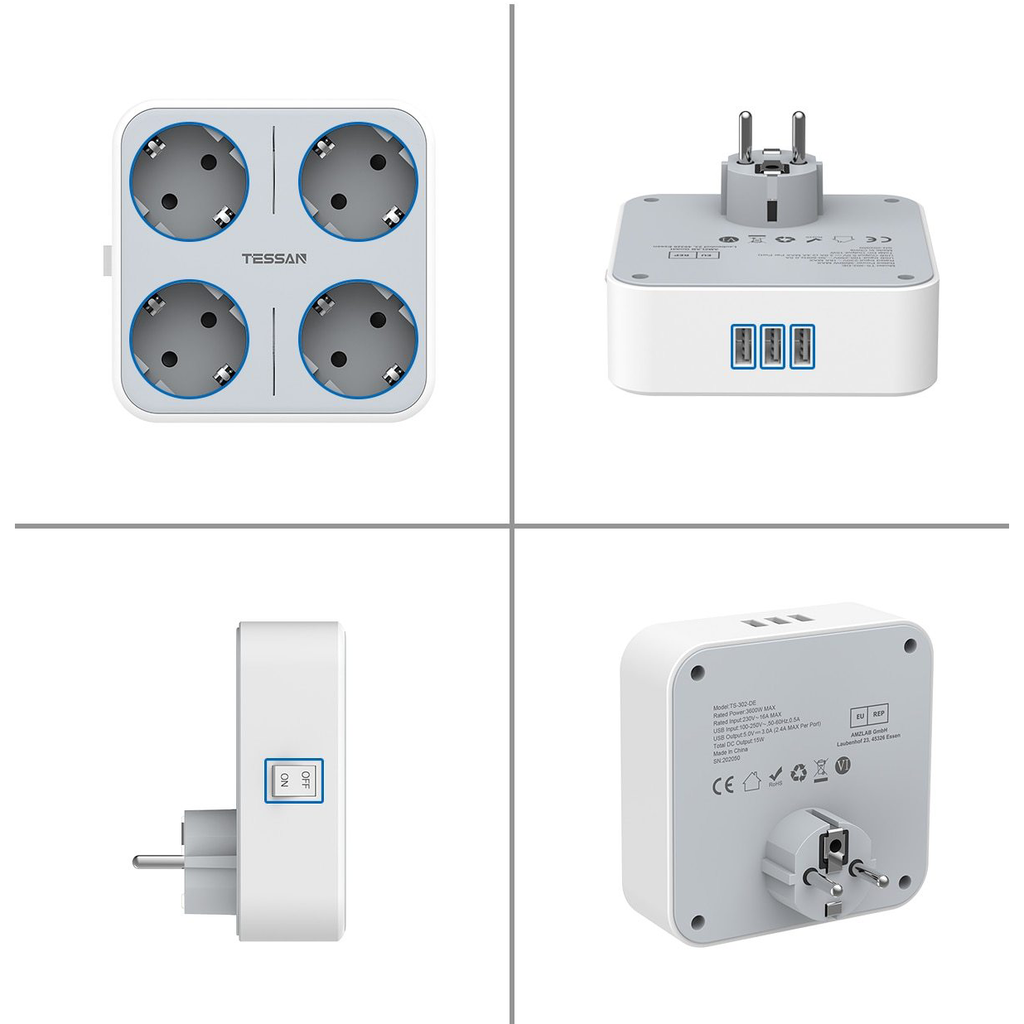 Multiprise 3 prises + 4 ports USB 2,4A Câble 2m Antistatique Inkax Blanc au  meilleur prix